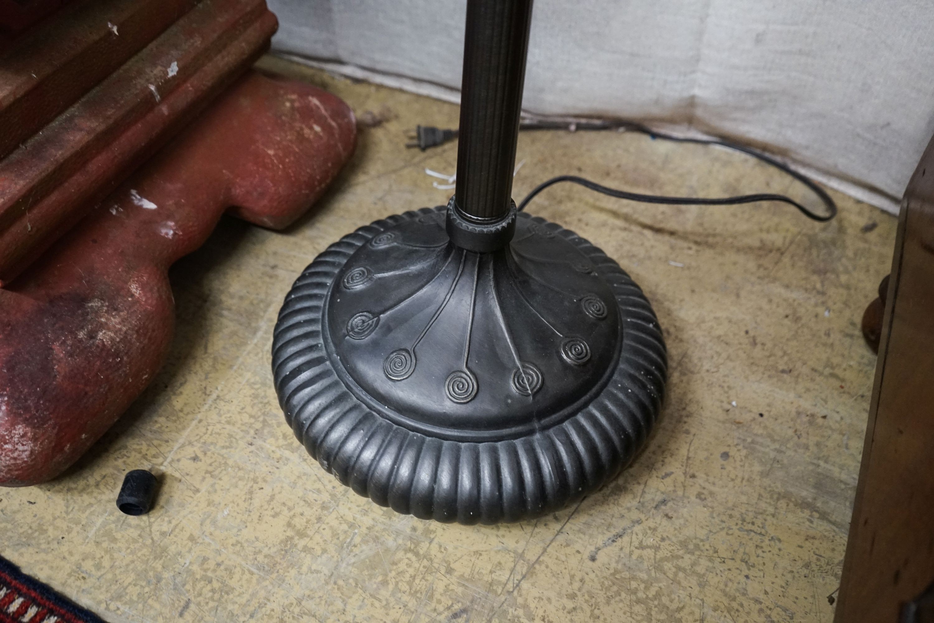 A bronzed finish Tiffany style standard lamp with shade, 160cm high, 59cm diameter